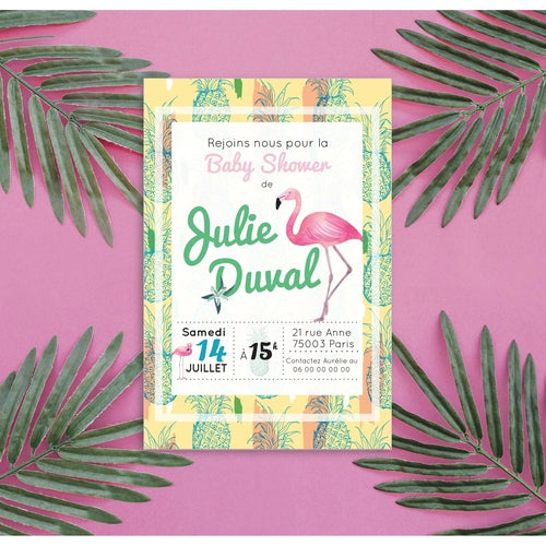 12 Invitations pour baby shower tropical avec son flamant rose et motifs ananas