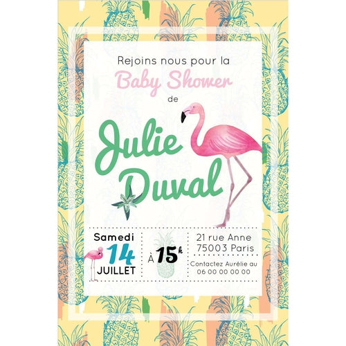 12 Invitations pour baby shower tropical avec son flamant rose et motifs ananas