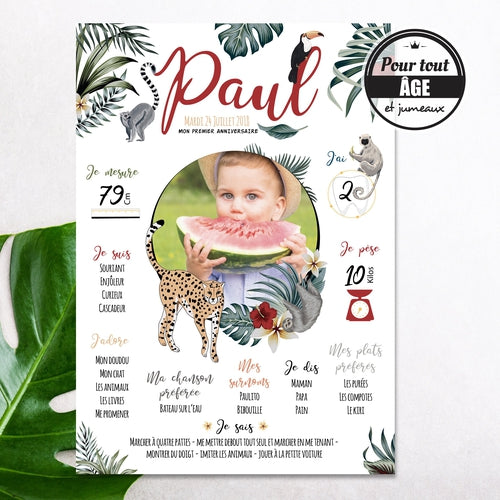 Affiche anniversaire personnalisée Jungle,Tropical - Affiche 1 an bébé