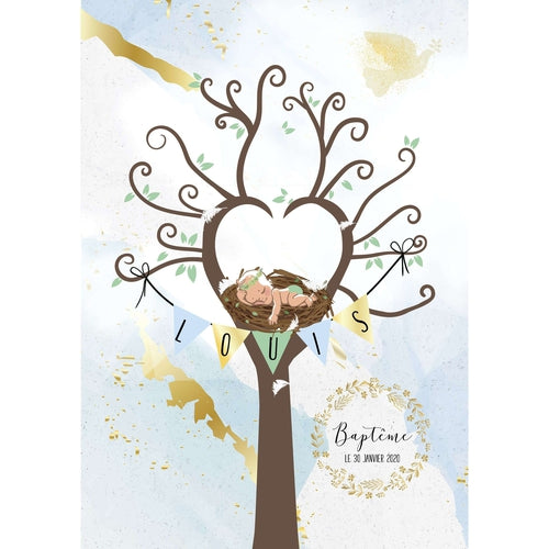 Arbre à empreintes pour garçon - Bébé dans son nid, colombe or. Un arbre à empreintes pour baptême, anniversaire ou baby shower.