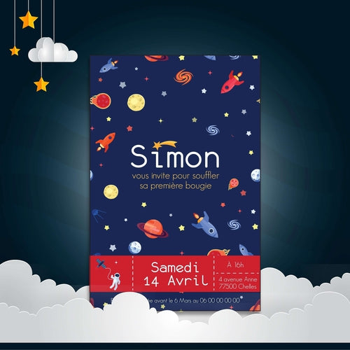 Carton d'invitation anniversaire pour enfant sur le thème de l'espace, cosmonaute.
