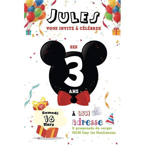 Invitation Mickey personnalisée pour un  anniversaire de petit garçon festif et coloré ! Un clin d'oeil Disney et un univers joyeux.