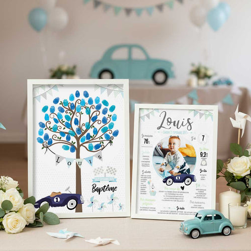 Pack Baptême : Arbre d’empreintes + Affiche personnalisé enfant – Voiture Vintage