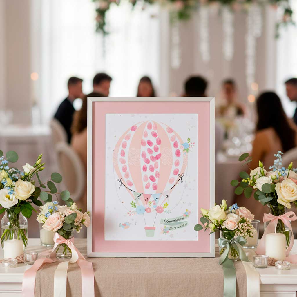 Arbre à Empreintes Montgolfière Pastel – Baptême ou Baby Shower Fille