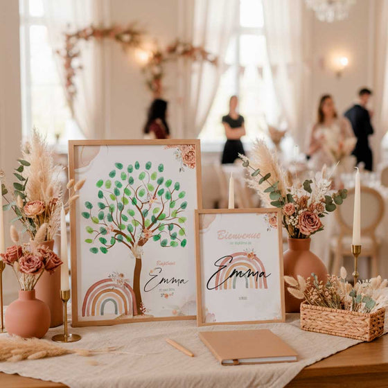 Pack Baptême : Arbre d’empreintes + Affiche de bienvenue – Arc-en-ciel bohème ( jusqu'à –70% )