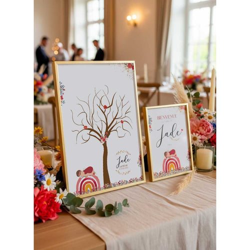 Pack Duo Baptême : Arbre à empreintes + Affiche Bienvenue Arc-en-Ciel