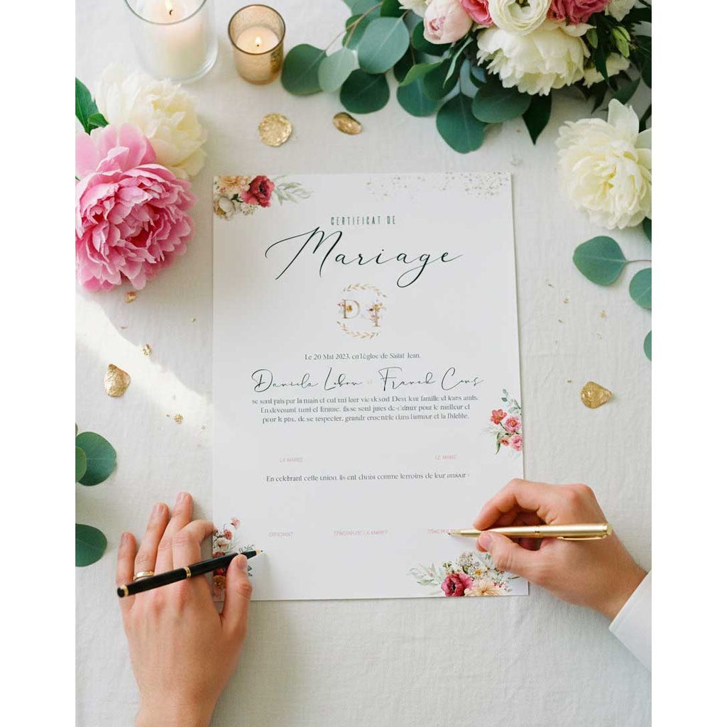 Certificat de mariage personnalisée. Pivoines