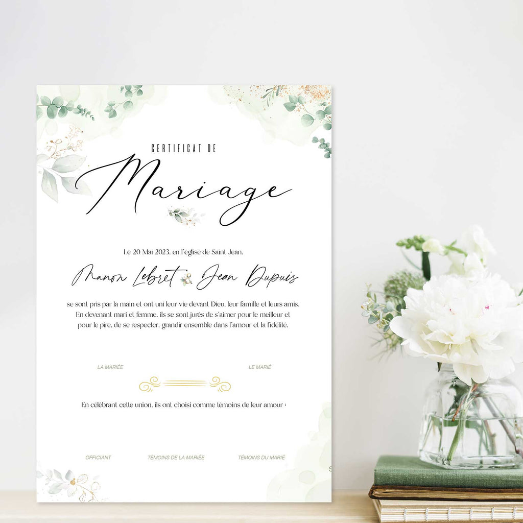 Certificat de mariage personnalisée. Eucalyptus