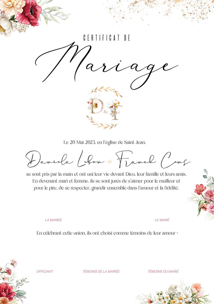 Certificat de mariage personnalisée. Pivoines
