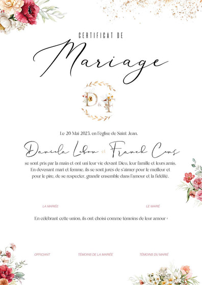 Certificat de mariage personnalisée. Pivoines