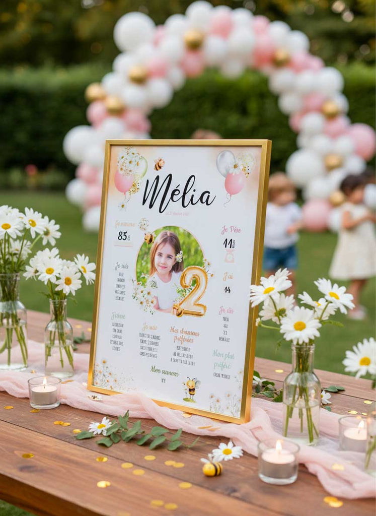 Affiche anniversaire fille.Thème Marguerite et abeille