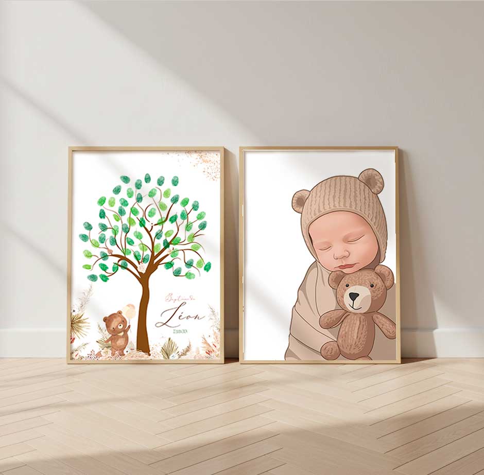 Pack Duo Baptême : Arbre à empreintes + Portrait personnalisé bébé