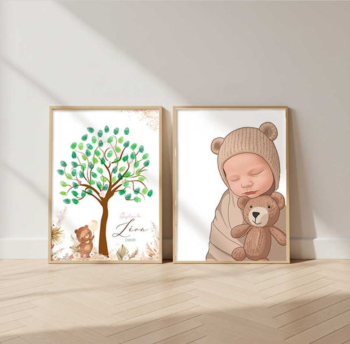 Pack Duo Baptême : Arbre à empreintes + Portrait personnalisé bébé
