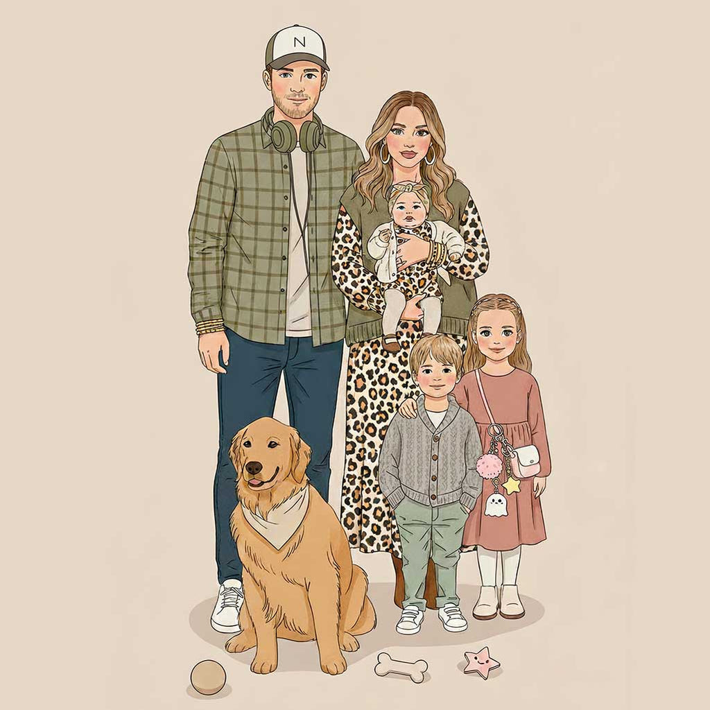 Portrait famille illustré style mode & kawaii – personnalisé d’après photo