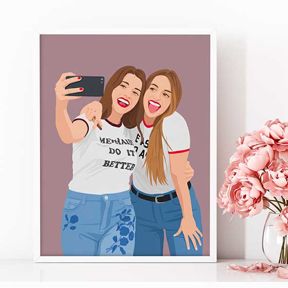 Portrait personnalisé meilleures amies | Illustration d’après photo – Cadeau amitié & anniversaire