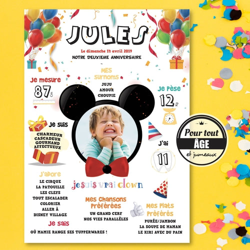 Affiche anniversaire personnalisée Mickey pour enfant, disney et ballons