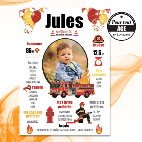 Affiche anniversaire garçon 1 an de bébé pompier