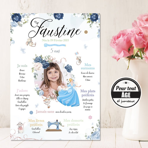 Affiche anniversaire personnalisée, thème princesse et fleurs