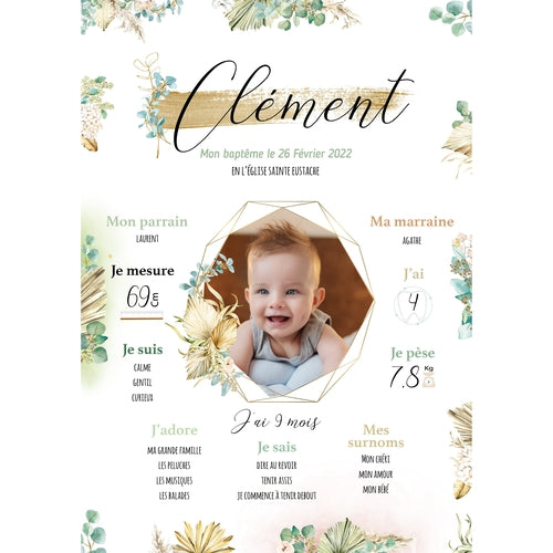 Affiche Baptême personnalisée - thème eucalyptus pampas