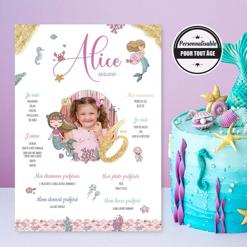 Affiche anniversaire enfant, thème princesse sirène