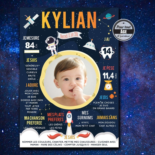 Affiche anniversaire astronaute, espace personnalisée pour votre enfant.