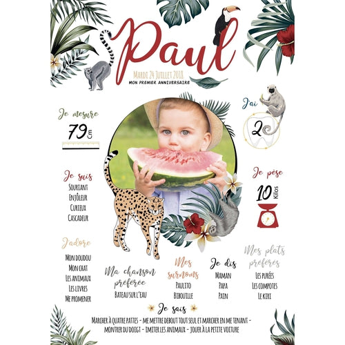 Affiche anniversaire personnalisée Jungle,Tropical - Affiche 1 an bébé –  Omade