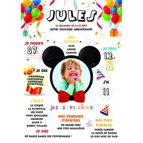 Affiche anniversaire personnalisée Mickey pour enfant, disney et ballons