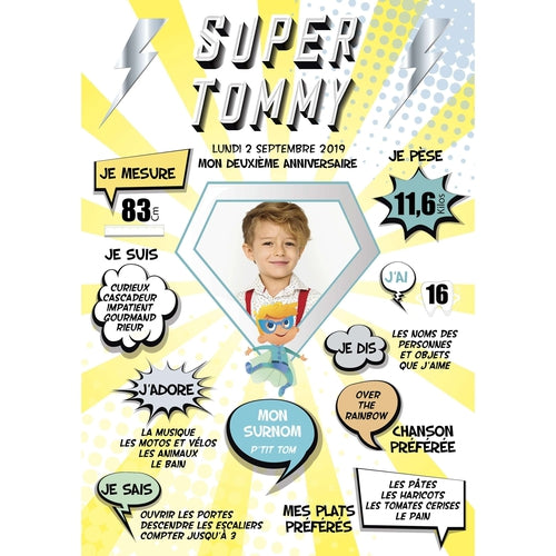 Affiche anniversaire personnalisée pour garçon ou fille au thème Super Héro, comics