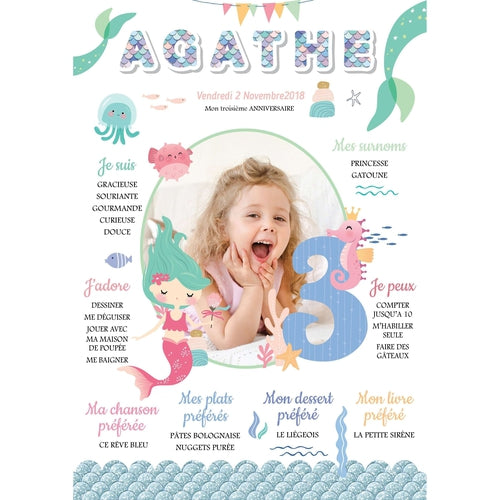 Affiche anniversaire pour enfant  personnalisée - thème sirène