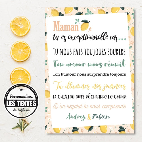Affiche  "Maman tu es exceptionnelle" Collection Lemon