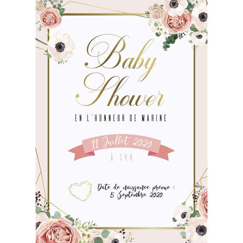 Baby shower, affiche bienvenue future maman, thème fleurs et or.