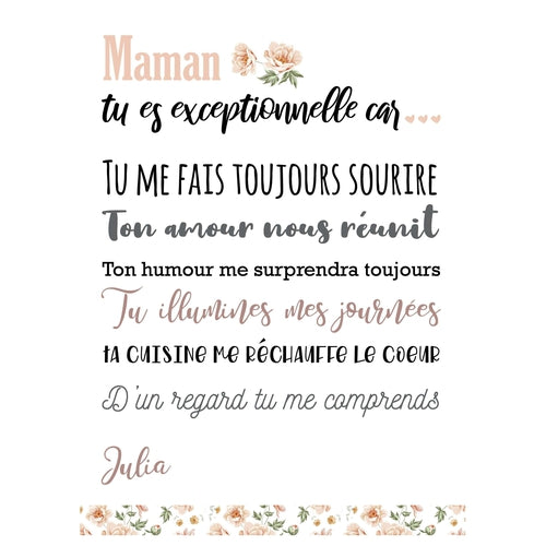 Affiche "Maman tu es exceptionnelle" Collection Fleurs