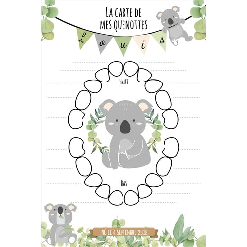 Carte Quenottes bébé - Cartes dents de lait bébé - Carte dents de bébé - Carte personnalisée bébé - thème Koala