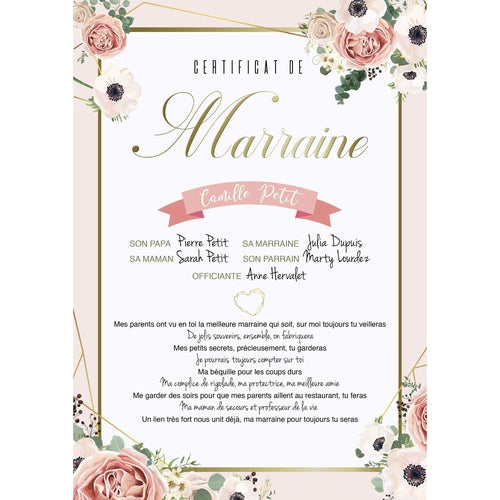 Certificat Marraine. Collection Fleurs.