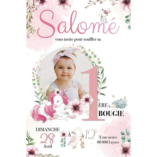 Invitation anniversaire Licorne forêt enchantée pour fille. Carton invitation personnalisé avec la photo de votre enfant !