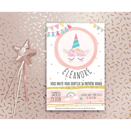 Carte à gratter invitation d'anniversaire thème licorne fille