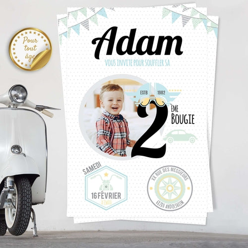 Invitation anniversaire  personnalisée au thème de la moto et des voitures  pour votre petit garçon. Un faire part pastel et original !