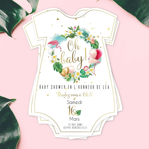 Invitation baby shower tropical, flamant rose - Lot de 12 invitations baby shower, découpe body de bébé.