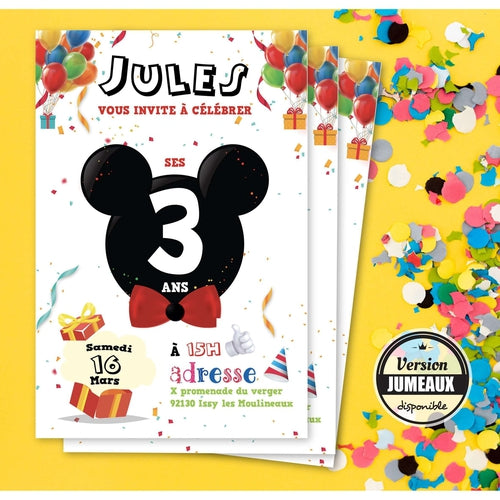 Invitation Mickey personnalisée pour un  anniversaire de petit garçon festif et coloré ! Un clin d'oeil Disney et un univers joyeux.