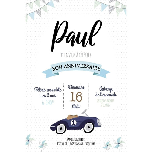 Invitation personnalisée anniversaire garçon au thème voiture vintage.