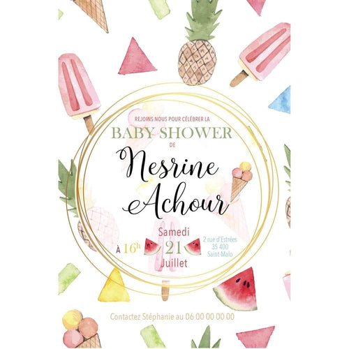 Lot de 12 invitations baby shower au thème pastèque acidulée.