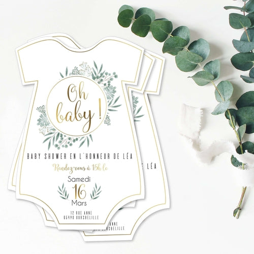 Lot de 12 invitations baby shower eucalyptus chic et champêtre  avec une découpe body de bébé