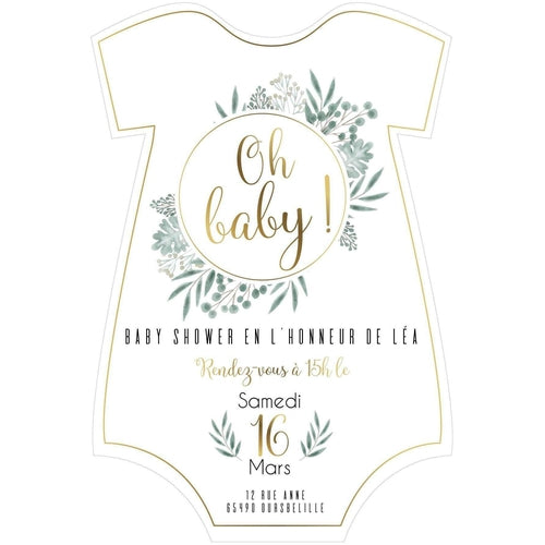Lot de 12 invitations baby shower eucalyptus chic et champêtre  avec une découpe body de bébé