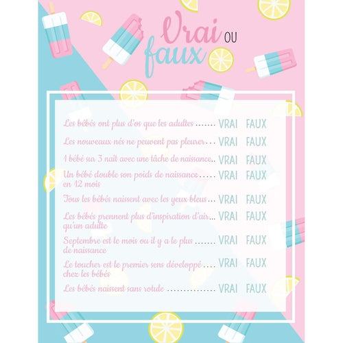 Lot de cartes de jeux baby shower. Jeux Vrai ou Faux, Tendre Été